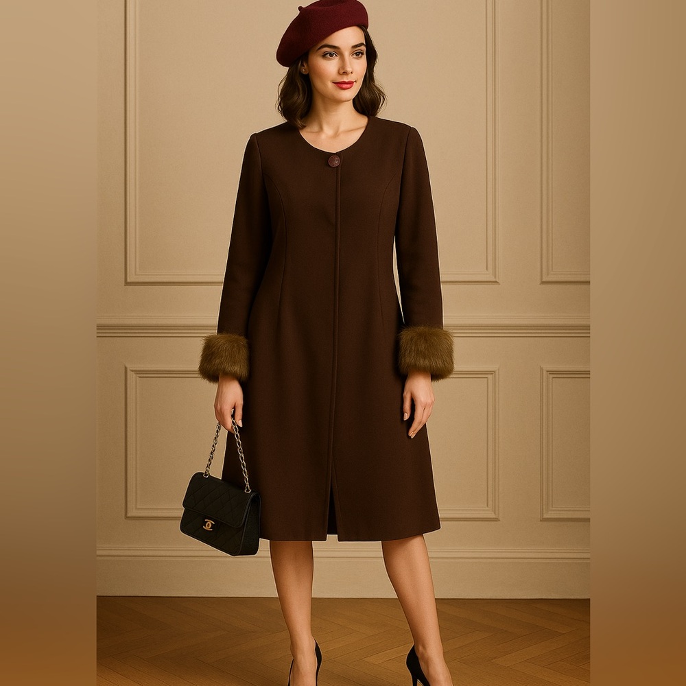XLand Dolce Brown Longline Coat Faux Fur Cuff Vintage Glam Retro 60s Style XL